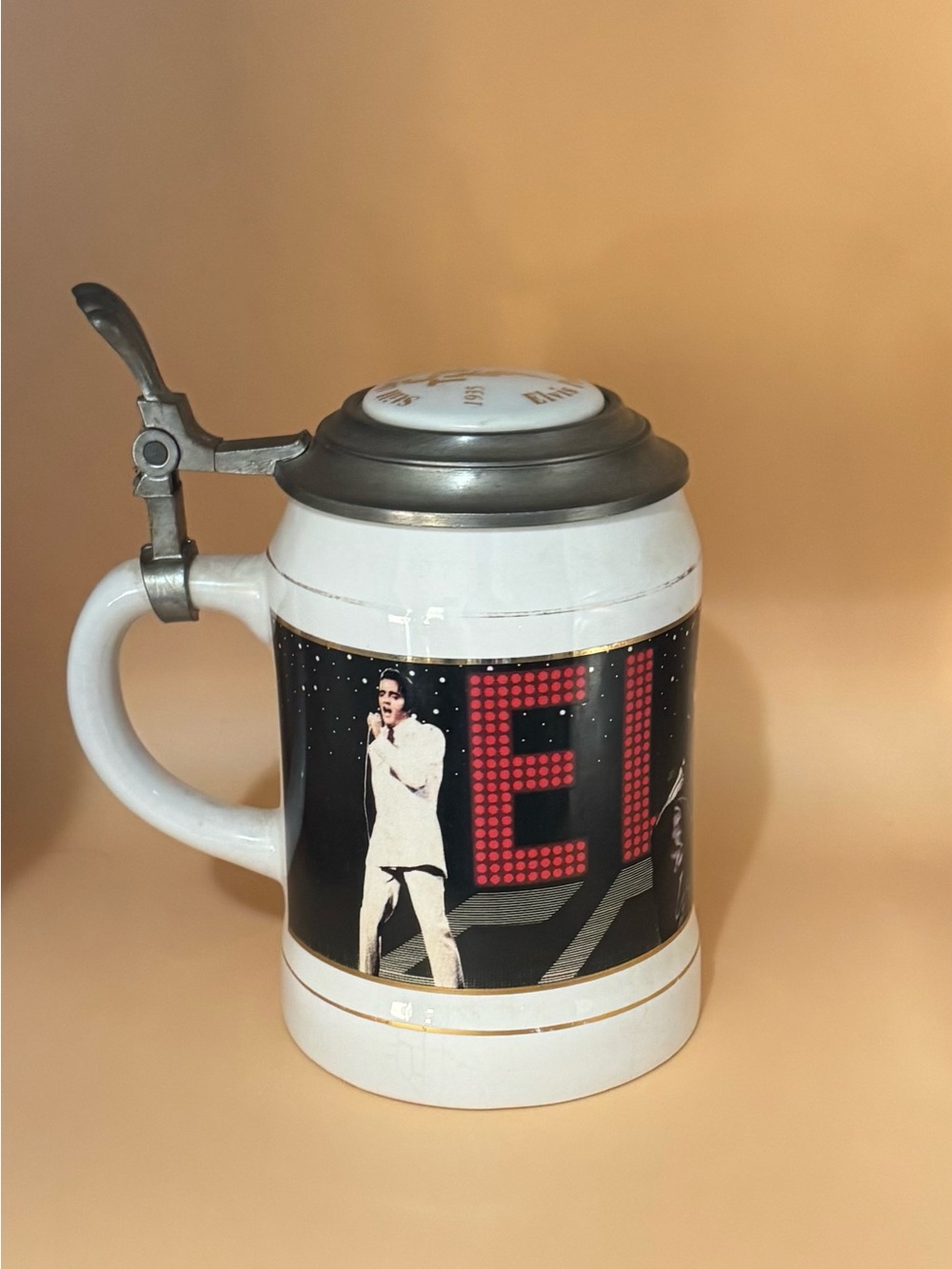 White and Black Ceramic Stein with Pewter Lid - Elvis Design